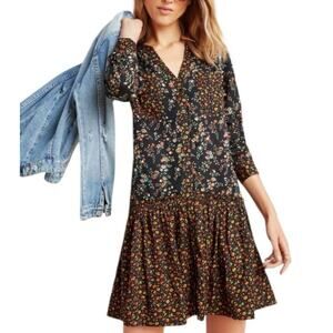 Maeve Anthropologie Marlie Button Up Tunic Dress Ditsy Floral Black 6 Prairie